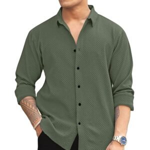 Men's Casual Button Down Shirts Long Sleeve Cotton Bland Shirt Fashion Textured Beach Summer Shirt Cotton Bland Shirt