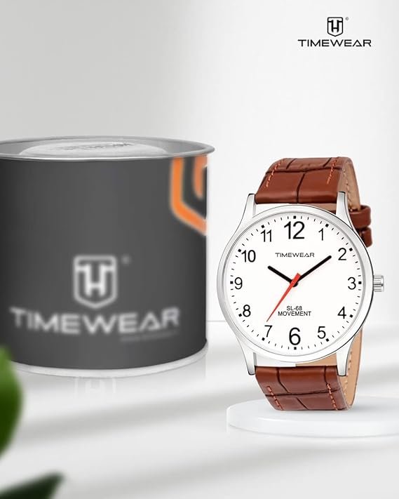 TIMEWEAR Men's Analog Number Dial Brown Leather Strap Watch Silicone 3 Colors Strap Analog Wrist Watch for Men Boys