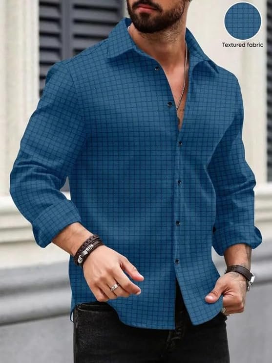 DEELMO Men's Regular Fit Button Down Dress Shirts Textured Long Sleeve Casual Hawaiian Shirt Minimal Pattern Detailing - Image 3